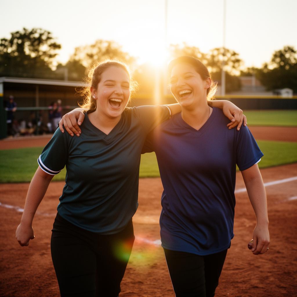 Two adult teammates celebrating together on the softball field at sunset