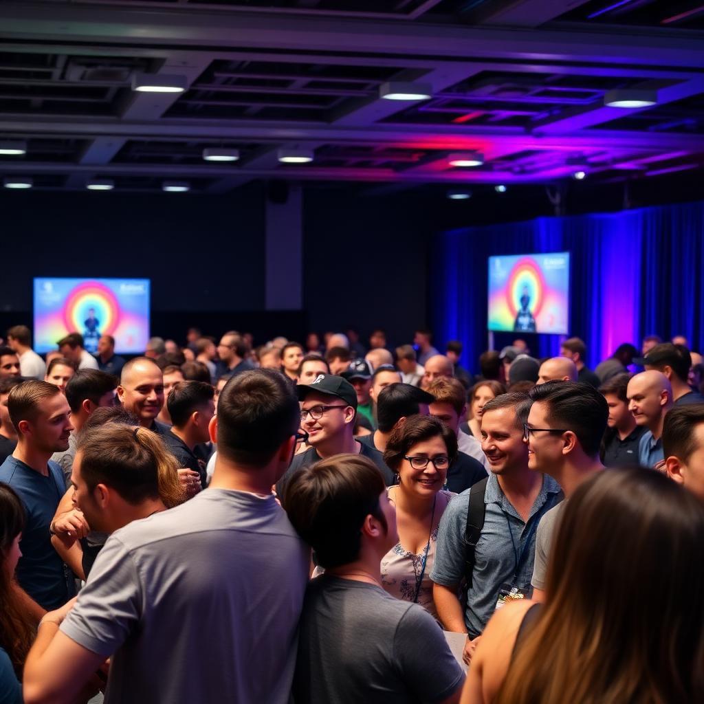 A crowd networking at an LGBTQIA2S+ sports conference