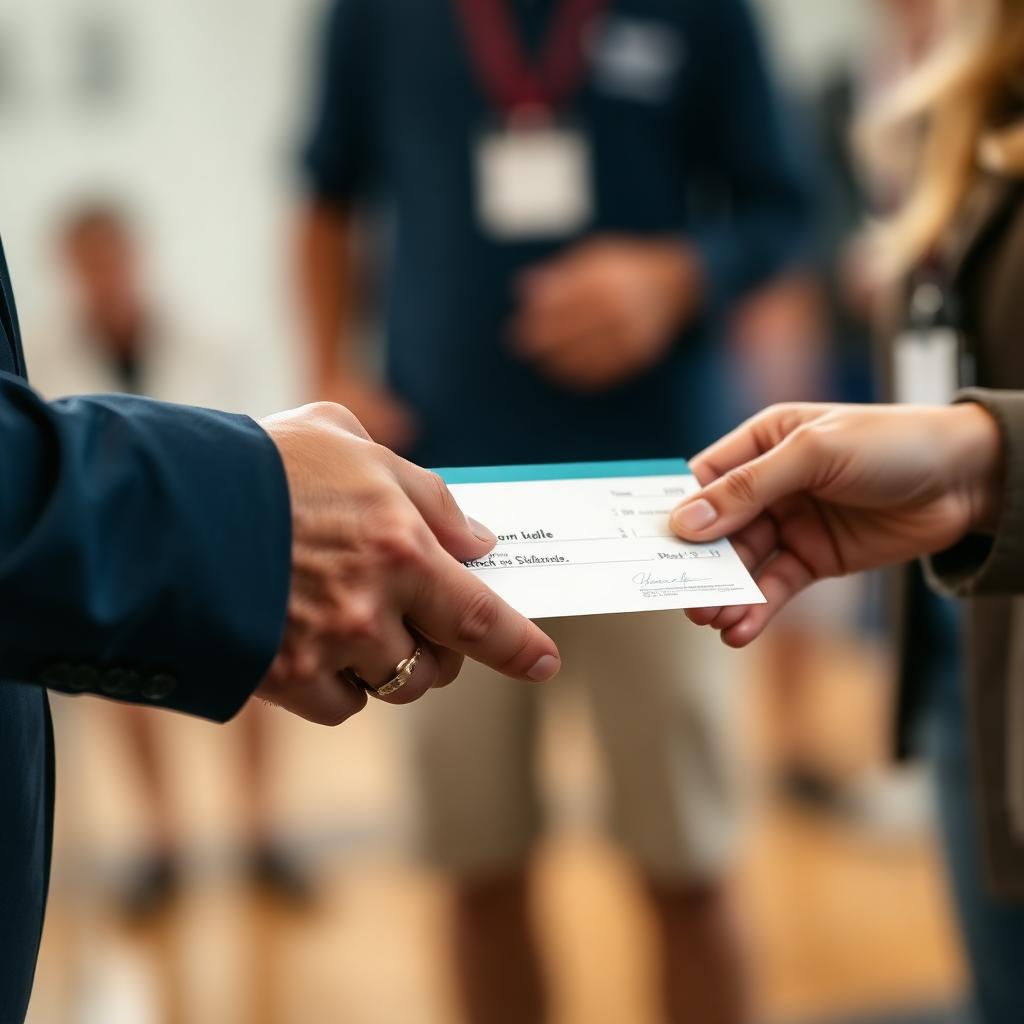 Hands exchanging a grant check at a community event
