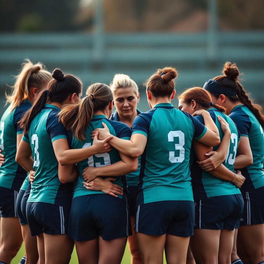 A diverse women's rugby team in a tight huddle on the field
